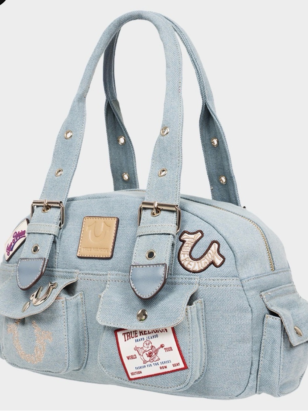 TRUE RELIGION Multi-Patch Denim Satchel Bag NWT